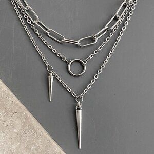 NEW, 3 layered silver necklaces, steel NON-TARNISH CHAIN, plated SPIKE punk goth